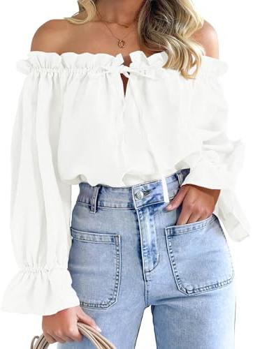 Imily Bela Womens Off The Shoulder Tops Puff Long Sleeve Tie Front Loose Fit Ruffle Shirts Blouses White