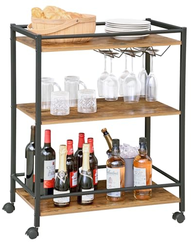 H JINHUI 3 Etagen Küchenwagen mit Rollen, Servierwagen mit Weinregal für Esszimmer, Küche, Bar, Vintagebraun und Schwarz