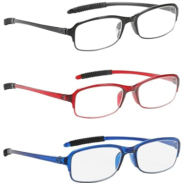 NRDIK PROFLEX LIGHTWEIGHT lunettes de lecture (pack de 3) antichoc, anti-rayures, souple, flexible, antidérapant, unisexe (femmes + hommes) (noir, rouge, bleu ; ovale ; force +3,5)