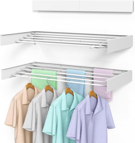 SZJoyBet Laundry Drying Rack, Collapsible Wall Mounted Clothes Drying Rack - Drying Rack Clothing Foldable,Space Saving, 31 Wide, 13.2 Linear Ft, 5 Aluminum Rods, 60 lb Capacity (White, 31)