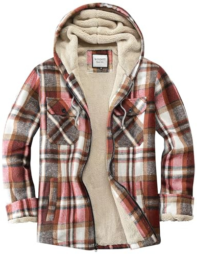 WINDFIT Women's Full Zip Fleece Flannel Jacket Plaid Sherpa Light Red M