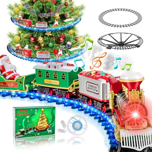 BuzzoXerex Tren Árbol de Navidad Eléctrico, Comboio para Árbol de Navidad, Tren Navideño para Árbol con Luces LED Azules, Trenes Eléctrico Juguete Niños con Spray y Sonido
