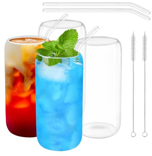 Zosenyer Vasos Cristal Ondulado, 4 Piezas 500ML Tazas de Vidrio de Burbuja, Vintage Transparente Juego de Vasos con Pajita y Cepillo para Agua Café Cóctel Soda Smoothie Latte Macchiato Whisky Regalo