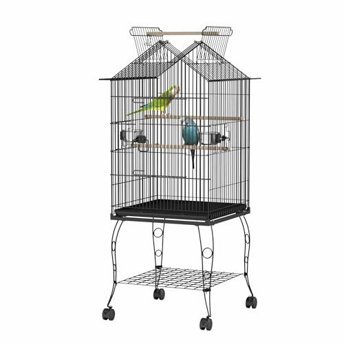 HENGMEI Vogelvoliere großer Vogelkäfig Papageienkäfig Vogelhaus Käfig Voliere kanarienvögelkäfig mit Ständer, Rollen Schwarz 55x55x145cm (mit Offenem Dach)