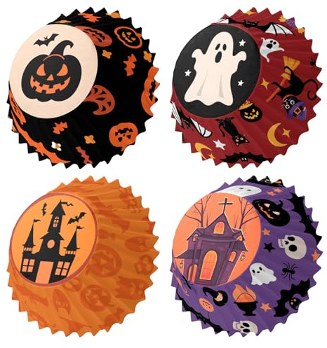 MORAINJAY 200 stycken halloween muffinsformar papper, svart pumpa/lila hem/röd spöken/orange hus muffins bakformar, pappersbakformar muffin cupcake liner wrapper för bakning dessert party