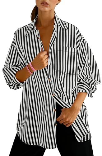 Dressmine Womens Shirts Striped Cotton Button Down Autumn Blouse V Neck Long Sleeve Loose Casual Fit for Office Black M