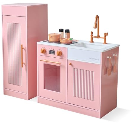 Teamson Kids, Cucina Giocattolo, Little Chef Chester, MDF, 85,4 x 30 x 80,4 cm, Pesca, Moderna, 2 Moduli con Frigo e Fornelli, 12 Accessori, da 3 Anni, 15,6 kg