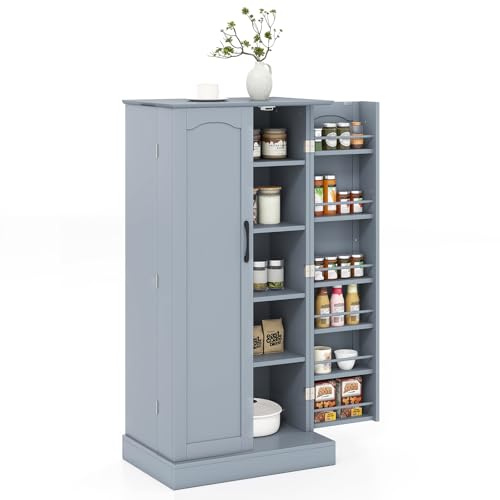 GIANTEX Aparador de Cocina con 2 Puertas, 60 x 40 x 120 cm, Armario de Almacenamiento con 17 Estantes, con Kit Antivuelco, Mueble Auxiliar de Madera para Cocina, Comedor, Salón (Gris)
