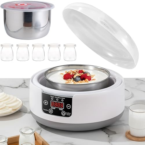 Yogurt Maker, Adjustable Time and Temperature, Probiotic Yogurt Maker with 5 Jars, Multi-Function Yoghurt Maker with Led Display & Timer, for Make Yogurt/natto/Rice Wine