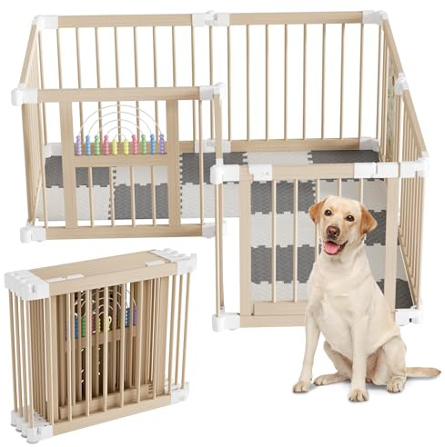 Suusolny Parque infantil de madera plegable con puerta, tamaño y forma ajustables, valla de juegos para bebés y niños pequeños, con tabla de animales y ábaco arcoíris - con almohadillas de escalada
