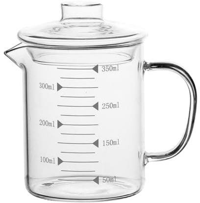 Baluue Tazza in Vetro Borosilicato 350 Ml con Bilancia e Coperchio, Misurino Trasparente per Latte e Caffè con Manico Ergonomico Antiscottatura, Bicchiere da Cucina per Misurazione