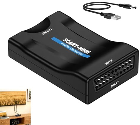 Vomtaric Adaptateur Scart Péritel vers HDMI, Convertisseur SCART vers HDMI 720p 1080p avec Câble USB, Boîtier Audio Vidéo PAL NTSC, pour TV Moniteur Projecteur PS3 DVD VHS Console Rétro Plug and Play