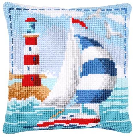 VERVACO Kit Cuscino Punto Croce Faro Set Ricamo Principianti Cuscini Gobelin Decorativi ca. 40 x 40 cm Accessori per Lavoretti Creativi DIY Casa Decor Hobby Adulti Cross Stitch
