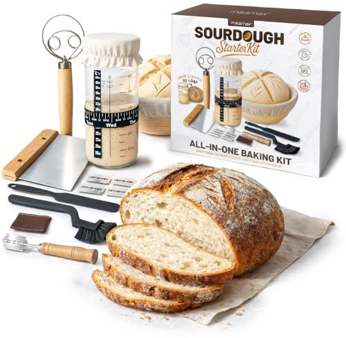 MikaMax Kit Pasta Madre 10 Pezzi - Cestino Rotondo per Lievitazione - Accessori Completi per Pane Fatto in Casa - Set Base per Principianti e Appassionati