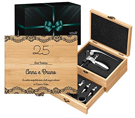 Maverton Accessori da Vino La Dedica - Kit Cavatappi da Vino Personalizzato - Scatola in Legno di bambù + 8 Pezzi di Accessori Vino - Idee Regalo per Anniversario - Anniversario