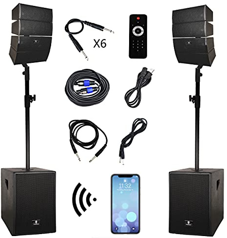 RECK 4000W DJ/Powered PA Speaker System Combo Set with Bluetooth/USB/SD Card/Remote Control with Two 12 Inch Subwoofers and 8 Line Array Speakers or Performances, speeches, Live