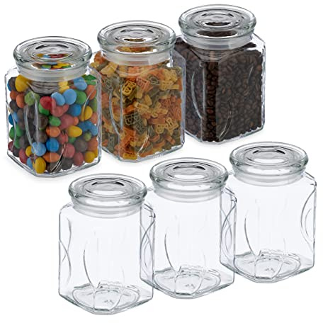 Relaxdays Botes Cristal con Tapa, Set de 6, Vidrio, 750 ml, Recipientes Cuadrados, Tarros Herméticos, Transparente