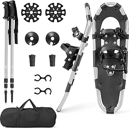 COSTWAY 21 tum/25 tum/30 tum snöskor, snöskor set med stigstöd, allround 4-i-1 för barn och vuxna, av aluminium, inkl. bärväska