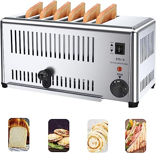 6 Slice Commercial Stainless Steel Toaster With Hand Pop-Up, Extra Wide Slots for Hamburger Buns, Removable Crumb Tray, Five Speed Adjustable