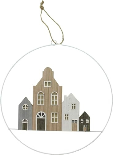 Dekoleidenschaft Dekohänger Häuser aus Holz, Metallring Ø 30 cm, mit LED Beleuchtung, Wanddeko zum Aufhängen, Fensterdeko hängend, Türdeko, Leuchtdeko