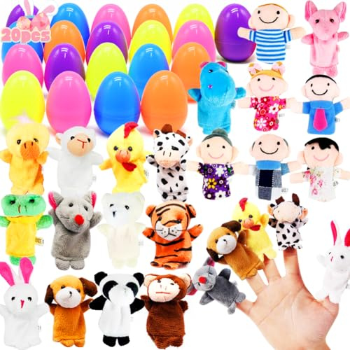 20PCS Easter Eggs Filled with Finger Puppets, Filled Easter Eggs with Family Animals Puppets for Kids, Easter Theme Party, Basket Stuffers Fillers, Easter Egg Hunt