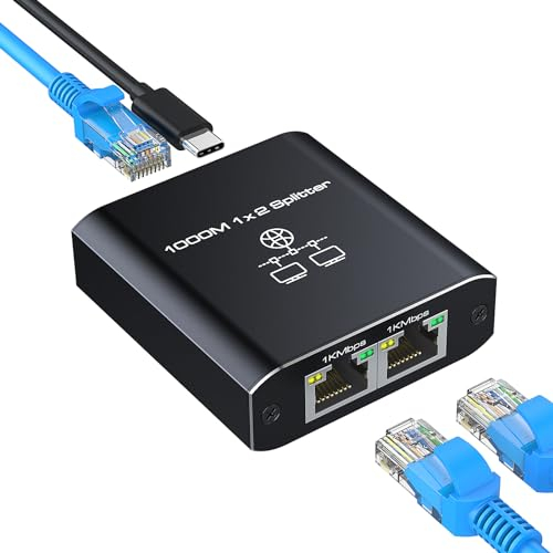 HRSDEIE LAN Splitter 1 auf 2 1000Mbps Out, Gigabit Ethernet Splitter LAN Switch 2 Port Mit Type-C-Netzkabel RJ45 /Internet Splitter für Computer, Hub, Switch, Router, Set-Top Box, Digital TV, Cat5/6/7
