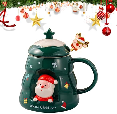 PLUSHCEWT Tasse de Noël 400 ml grande capacité tasse de Noël en céramique avec couvercle cuillère Tasse à café de Noël pour les parents chérie et les amis pour la fête de Noël (A)