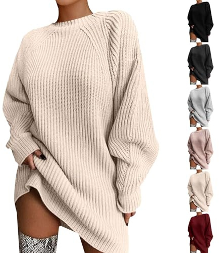 Långa Stickade Jumperklänningar – Damtröjor Utan Huva, Enfärgade Virkade Tröjor, Vintervarma Säckiga Tröjor, Slim Fit Pullover