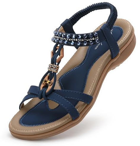 Littleplum Sandalen Damen Sommer Flache Sandalette Bohemia Sandals mit Strass Perlen Freizeit Damen Strand Schuhe Sandalen, 23-Blau, 42 EU