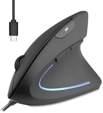 Perixx PERIMICE-513C Mouse Verticale Cablate USB-C, 6 Tasti, 1000/1600 DPI, Design per Destrimani, Cavo Tipo C 1,8m, Nero