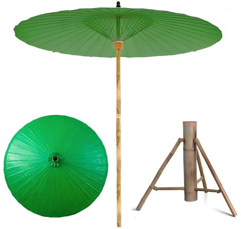Ombrello giapponese fatto a mano in carta oleata, ombrellone da giardino retrò per uso esterno, include base, diversi colori disponibili, Verde, 200cm/6.56ft