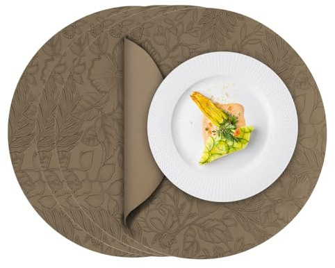 ToVioc Manteles Individuales Lavables Redondos Cuero, Salvamanteles Individuales para Mesa, Cocina, Restaurante & Oficina, Mantel Individual con Diseño de Flores (34 cm Ø, Set de 4) - Albaricoque