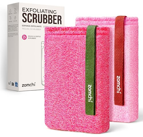 ZOMCHI Body Scrubber, Exfoliating Sponge with Different Levels, Body Exfoliator for Removing Dead Skin, Gentle & Deep Scrub for Women & Men (2-Pack, Pink)