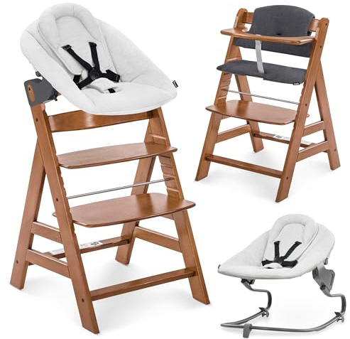hauck Chaise Haute Bébé Alpha+ avec Siège Nouveau-né Premium - Walnut | Chaise haute évolutive en bois, de la naissance à 90 kg, inclus assise bébé avec réducteur, coussin, idéal pour repas