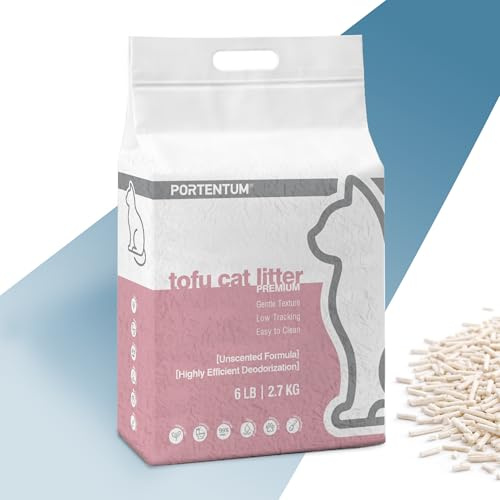 PORTENTUM Litiere Tofu Chat sans Parfum – 6 L de litiere agglomerante avec Controle des odeurs et Nettoyage Facile – Sac litiere Chat en pellets vegetaux Qui ne collent Pas et Gardent Le bac Propre