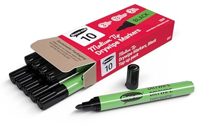 SHOW-ME - Whiteboard Markers | Drywipe, Erasable Black Medium Tip 2mm Line | Classroom Board Writing Pens with 3-Day Cap-off, Box of 10