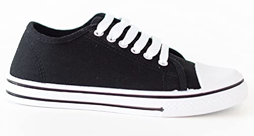 Ladies Unisex Flat Casual LACE UP Girls Pumps Canvas Plimsolls Womens Trainers Shoes Gym Sports Trainers Lightweight Comfortable PE Black White 6 UK