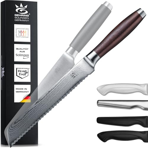 GEHRING SOLINGEN PREMIUM MYII | Brotmesser/Wellenschliffmesser | Scharfes Profi Küchenmesser | Made in Germany, eisgehärteter Damaststahl VG10 + ergonomischem Nussbaum - Holzgriff…
