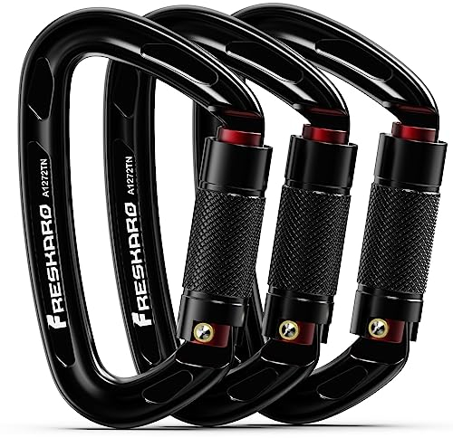FresKaro Kletter Karabiner, Schraubkarabiner mit Große öffnung, Karabinerhaken Klettern, Carabiner Schwarz Matt, Schraubverschluss Groß, für Hängematte, Feuerwehr, Extra Stark 2550kg, 3 Stücke