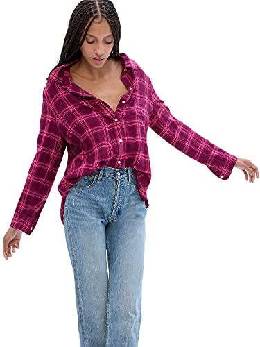 GAP Camicia da Donna con Bottoni in Flanella drappeggiata, Plaid Rosa., S