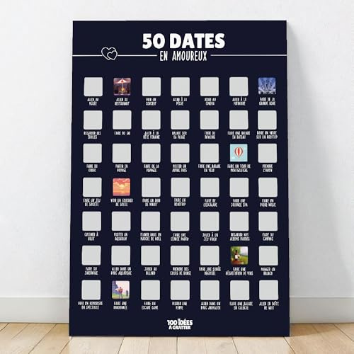 50 dates en amoureux - Affiche à gratter (Cadeau ideal pour Saint Valentin, Couple, Anniversaire, Mariage, Baby Shower, EVJF, EVG, Naissance, Jeux de couple)
