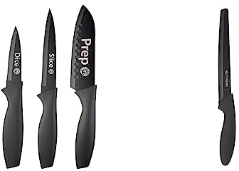 MasterChef Knife Set of 3 Kitchen Knives Professional & Soft Touch Grip, Essential Collection 3 Piece, Black & Viners Assure 8” Stainless Steel Bread Soft Grip Handle Safety Knife, Black