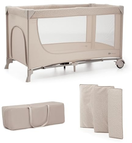 Kinderkraft Joy 2 Kinderbett, 2 in 1 Kinderreisebett, Babybetten, Kinderbett, Reisebett, Modernes Design, Kleine Abmessungen nach Zusammenklappe, Räder, Beige