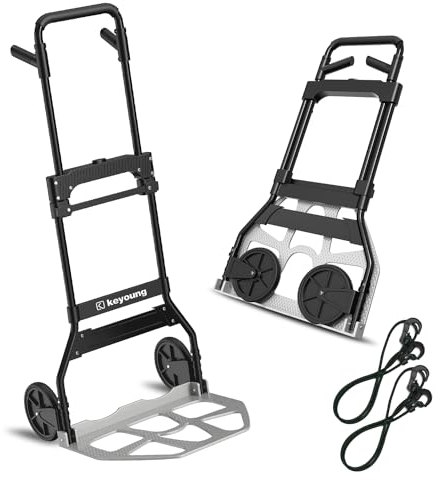 Keyoung Carretilla plegable con mango telescópico extralargo de 120 cm, incluye 2 cuerdas expansoras, carretilla de transporte plegable con una capacidad de carga de 150 kg