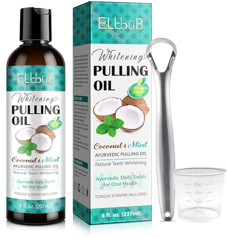 Coconut Pulling Oil - Ayurvedic Mint Oil Pulling Mouthwash with Tongue Scraper | Natural Essential Oils for Fresh Breath, Teeth Whitening & Healthy Gums | Alcohol-Free