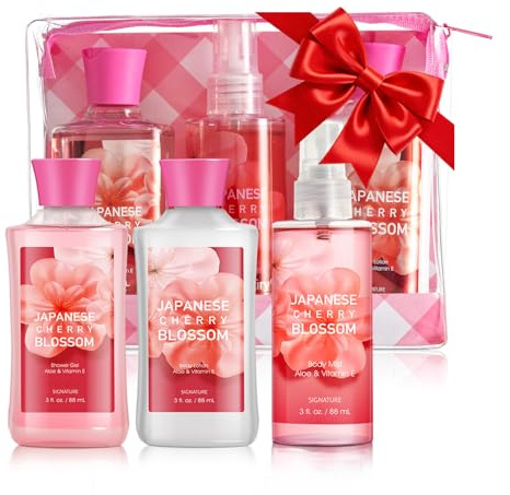 Bath Gift for Women and Girls, Japanese Cherry Blossom Spa Set With Natural Extracts, 3PCS Set - Shower Gel, Lotion, Mist, Personal Self Care Kit, Body Care Travel Set
