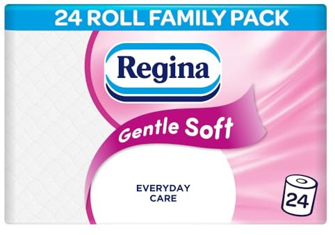 Regina Gentle Soft Toilet Tissue - 24 Rolls of 3 Ply Toilet Paper, 160 Sheets, Soft and Gentle, 30% PCR Plastic Packaging, FSC Certificated