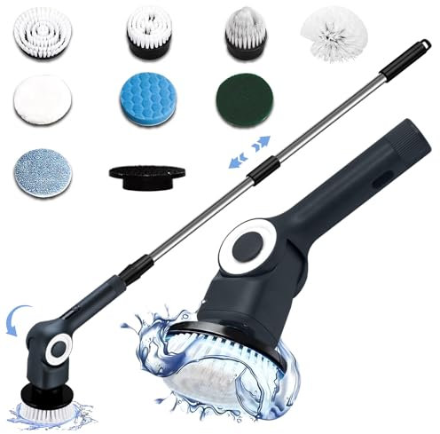 Ruitx Elektrische Reinigungsbürste, Fugenbürste Elektrisch Schleuderschrubber mit 8 Austauschbaren Bohrbürstenköpfen/3 Rpms/Griff/3 Winkelverstellung, für Wanne/Boden/Bad/Küche/Auto