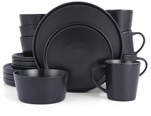 HaWare Dinnerware Sets, 16-Piece Stoneware Dinner Plates and Bowls for 4, Matte Dishes Mug, Chip & Scratch Resistant, Microwave & Dishwasher Safe - Frosting Black