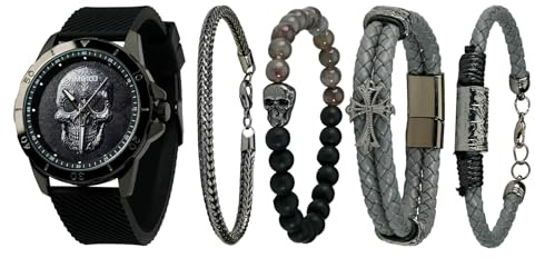 TIME100 Set de Regalo para Hombre, Reloj Hombre con Pulsera, Diseño de Calavera, Correa de Silicona, Elegante Regalo para Navidad y Cumpleaños（Negro）